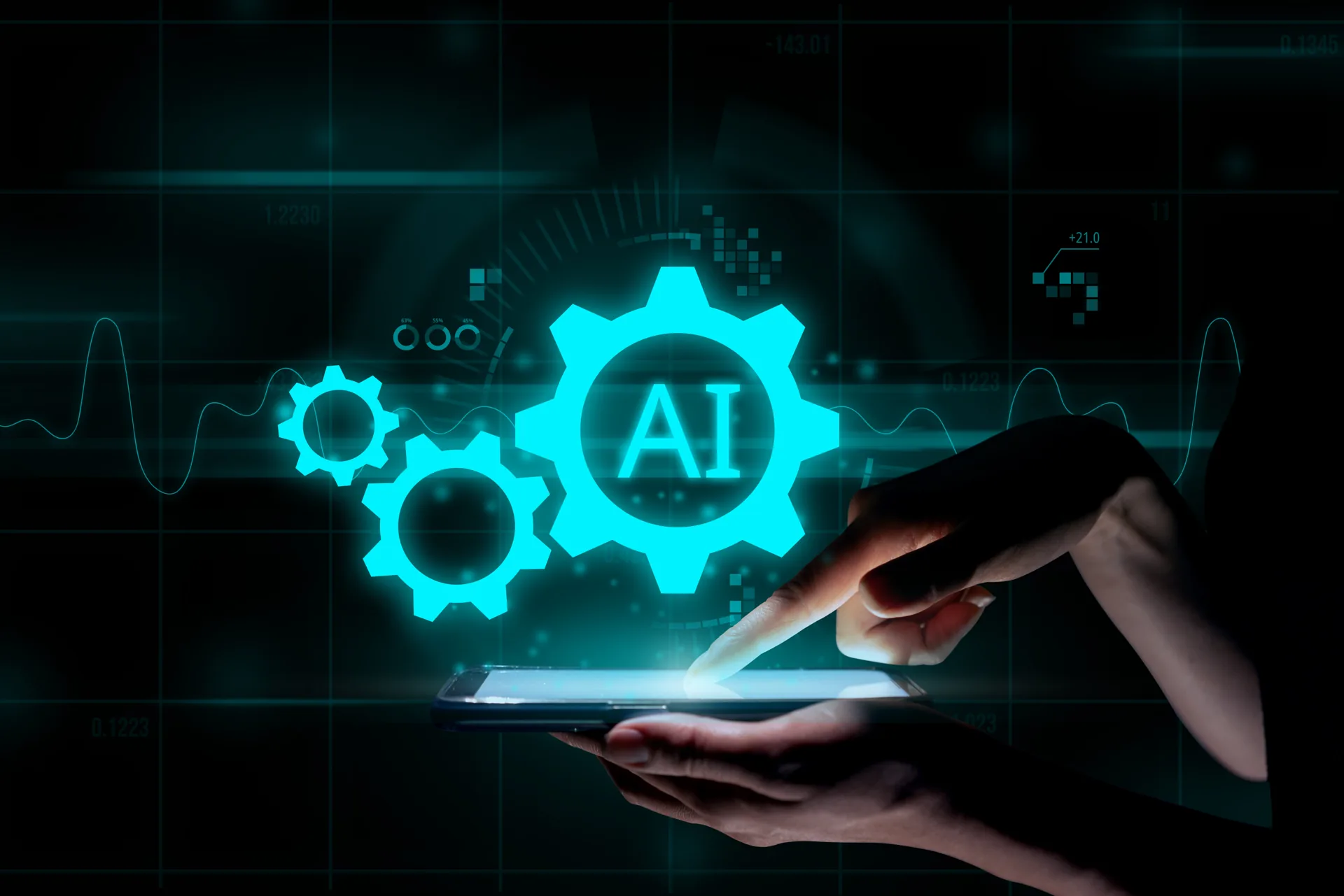 Artificial intelligence or ai concept. Futuristic icon design and graphics over hand with tablet